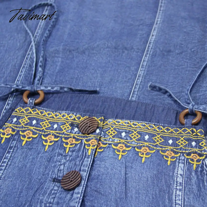 Fashion Summer Embroidery Sleeveless Denim Dress Women Long Vintage Spaghetti Strap Dress Sling Bohemian Girl Loose Swing Skirts