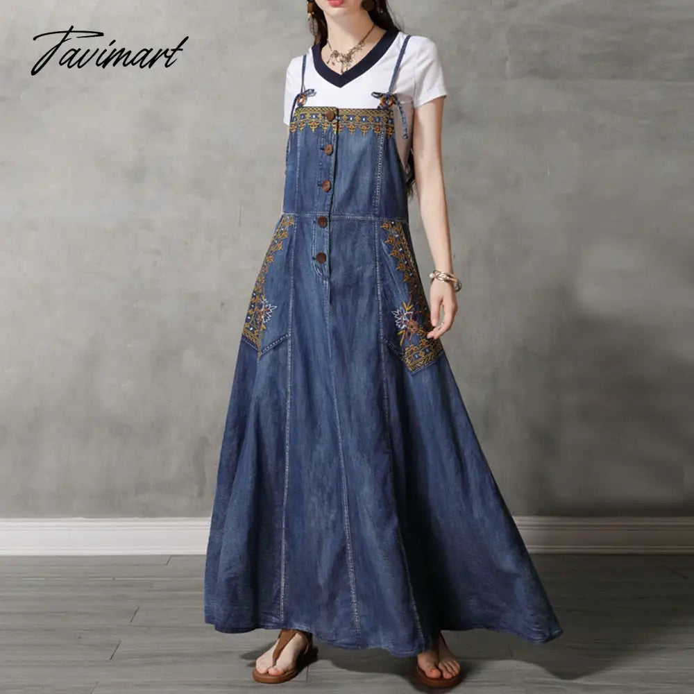 Fashion Summer Embroidery Sleeveless Denim Dress Women Long Vintage Spaghetti Strap Dress Sling Bohemian Girl Loose Swing Skirts
