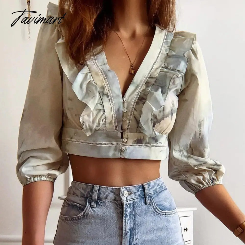 Fashion V Neck Patchwork Net With Ruffled Button Blouses Femme Print Shirts Women Vintage Half Sleeve Female Crop Top