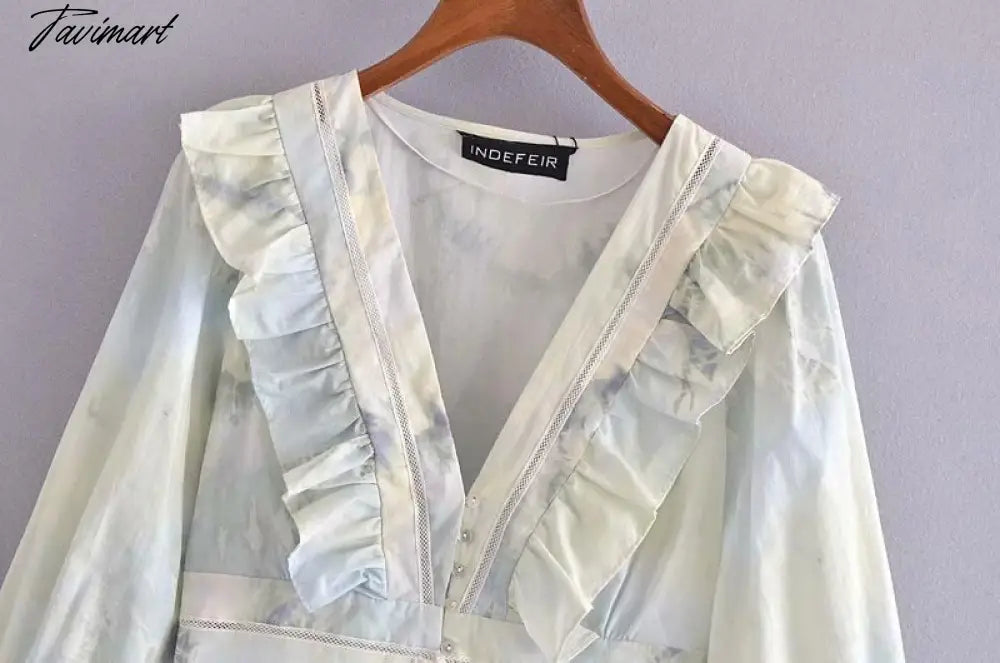 Fashion V Neck Patchwork Net With Ruffled Button Blouses Femme Print Shirts Women Vintage Half Sleeve Female Crop Top