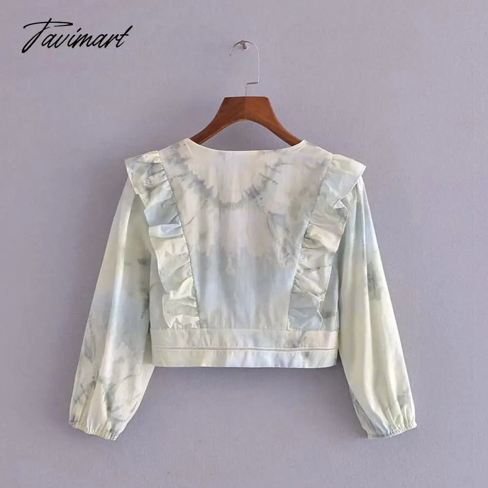 Fashion V Neck Patchwork Net With Ruffled Button Blouses Femme Print Shirts Women Vintage Half Sleeve Female Crop Top