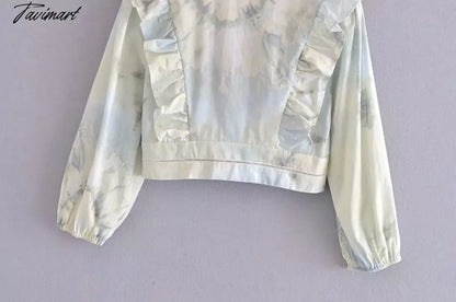 Fashion V Neck Patchwork Net With Ruffled Button Blouses Femme Print Shirts Women Vintage Half Sleeve Female Crop Top