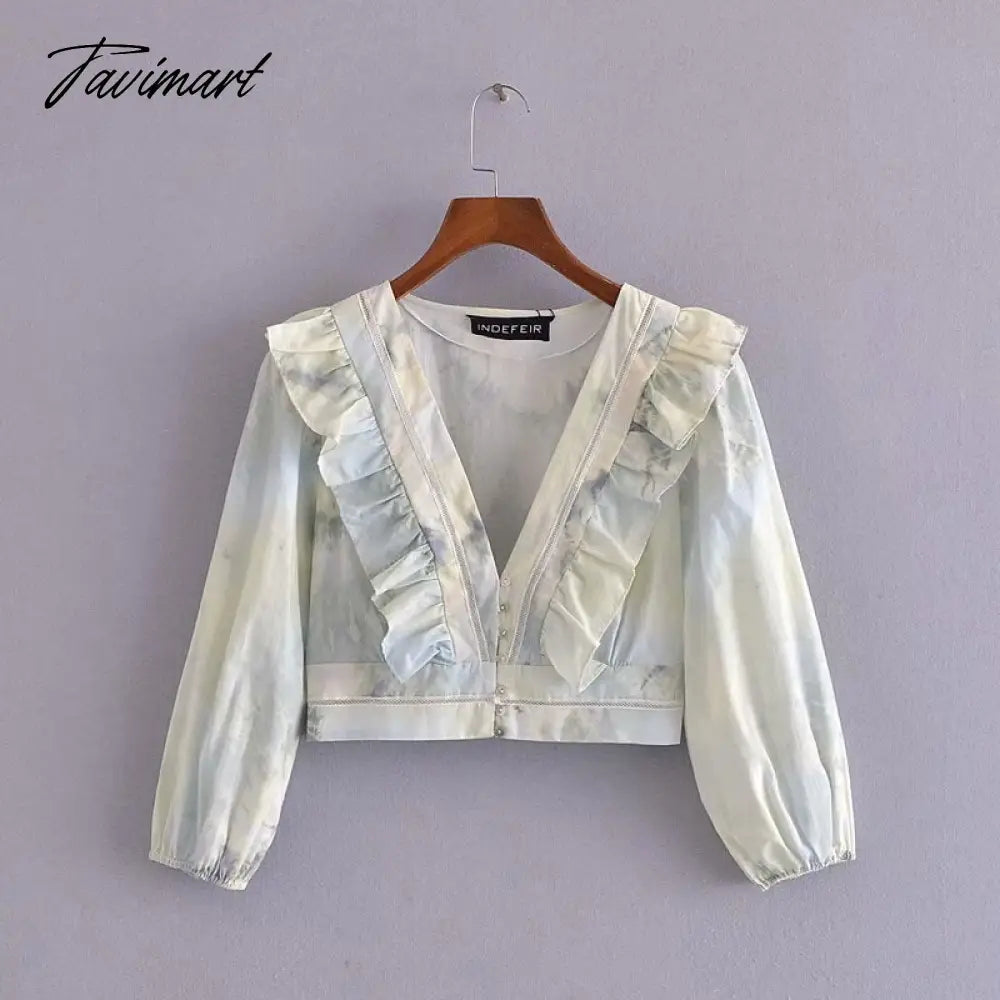 Fashion V Neck Patchwork Net With Ruffled Button Blouses Femme Print Shirts Women Vintage Half Sleeve Female Crop Top