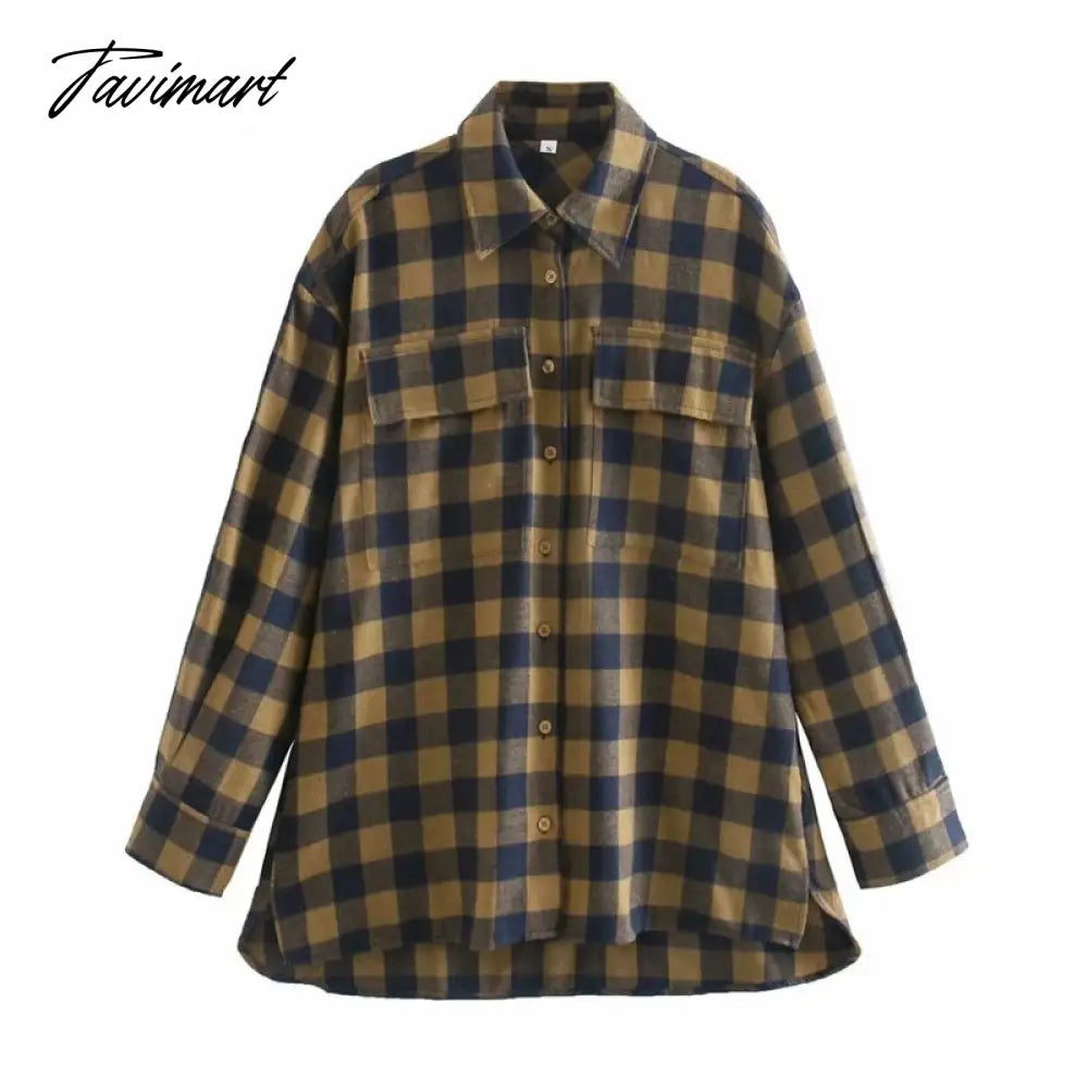 Fashion With Pockets Oversized Check Blouses Women Vintage Long Sleeve Side Vents Female Shirts Casual Plaid Tops