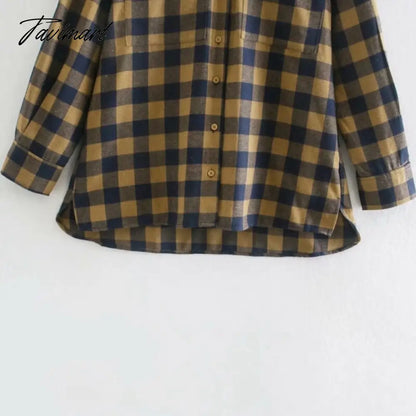 Fashion With Pockets Oversized Check Blouses Women Vintage Long Sleeve Side Vents Female Shirts Casual Plaid Tops