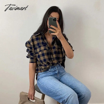 Fashion With Pockets Oversized Check Blouses Women Vintage Long Sleeve Side Vents Female Shirts Casual Plaid Tops
