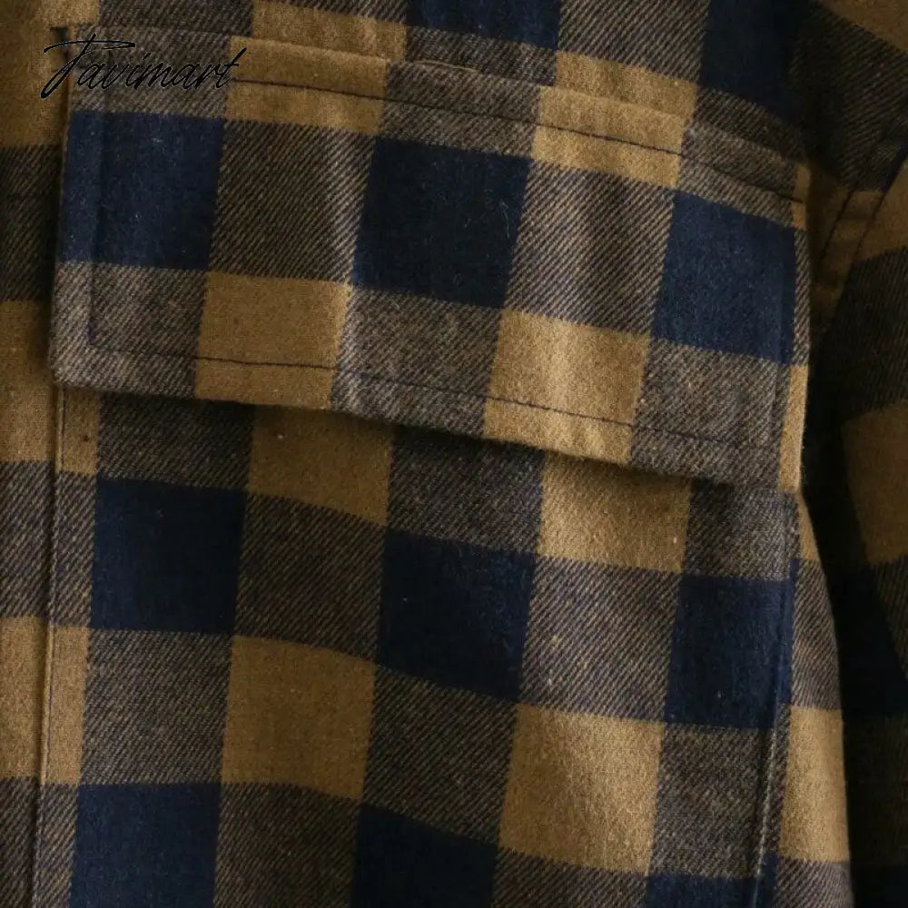 Fashion With Pockets Oversized Check Blouses Women Vintage Long Sleeve Side Vents Female Shirts Casual Plaid Tops