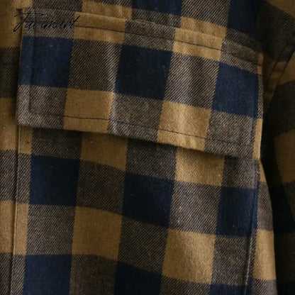 Fashion With Pockets Oversized Check Blouses Women Vintage Long Sleeve Side Vents Female Shirts Casual Plaid Tops