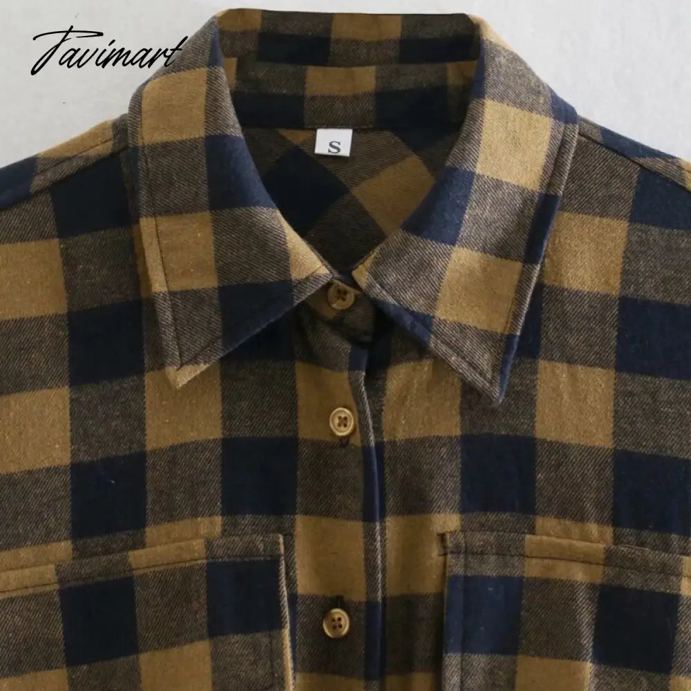 Fashion With Pockets Oversized Check Blouses Women Vintage Long Sleeve Side Vents Female Shirts Casual Plaid Tops