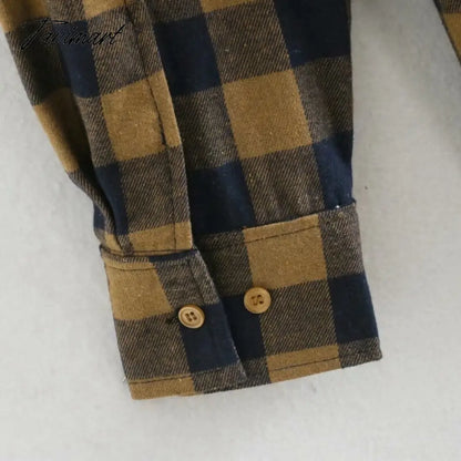 Fashion With Pockets Oversized Check Blouses Women Vintage Long Sleeve Side Vents Female Shirts Casual Plaid Tops