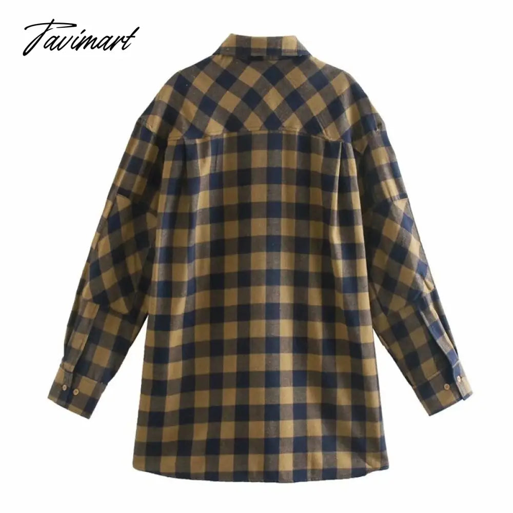 Fashion With Pockets Oversized Check Blouses Women Vintage Long Sleeve Side Vents Female Shirts Casual Plaid Tops