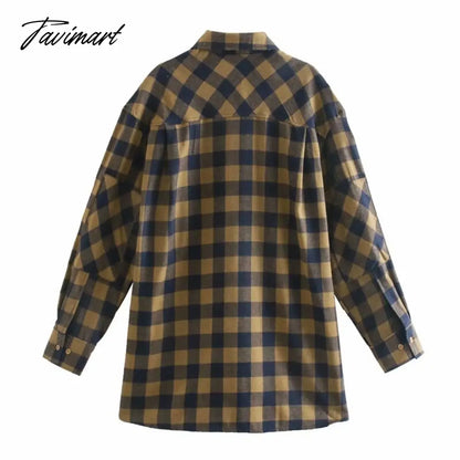 Fashion With Pockets Oversized Check Blouses Women Vintage Long Sleeve Side Vents Female Shirts Casual Plaid Tops