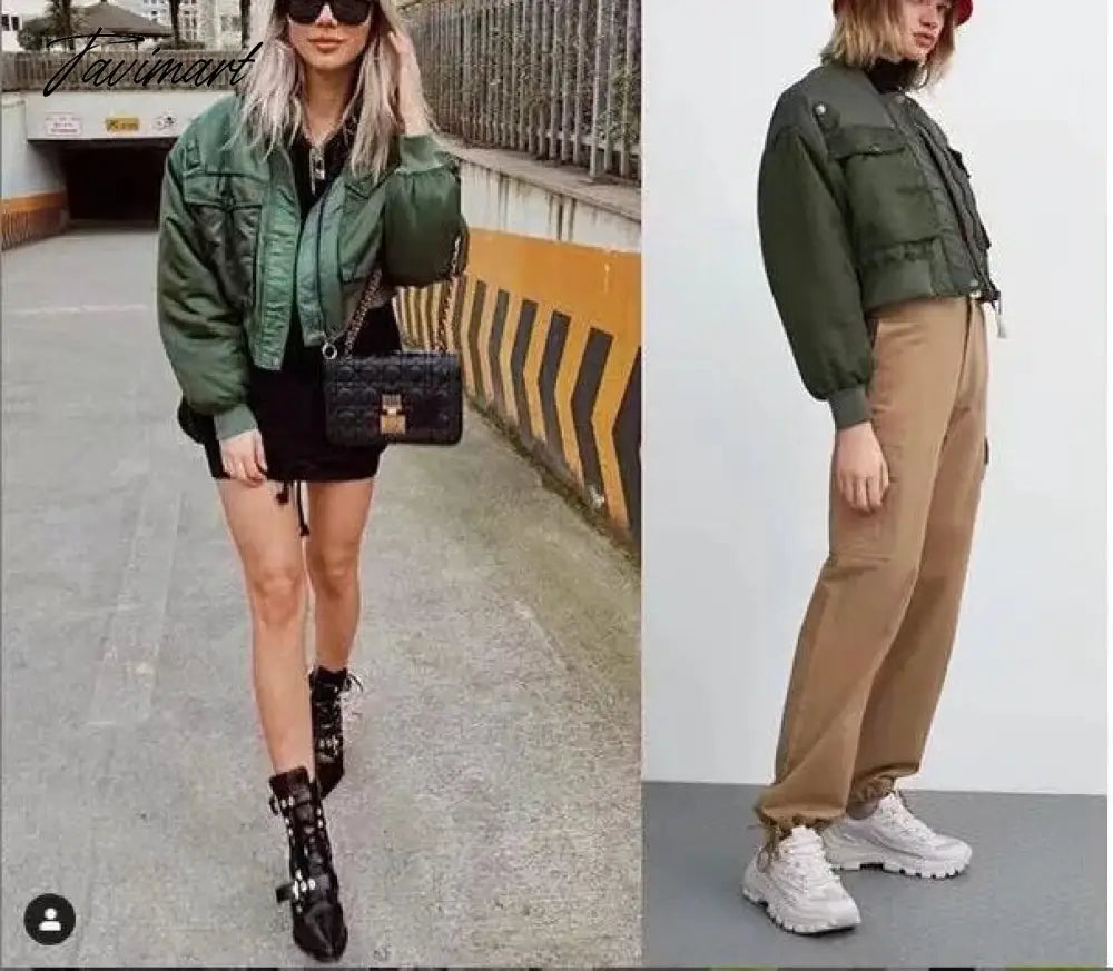 Fashion Women Basic Loose Padded Bomber Jacket Coat Vintage Leisure Long Sleeve Zipper Warm Female Outerwear Elegant Tops