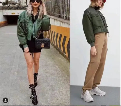 Fashion Women Basic Loose Padded Bomber Jacket Coat Vintage Leisure Long Sleeve Zipper Warm Female Outerwear Elegant Tops