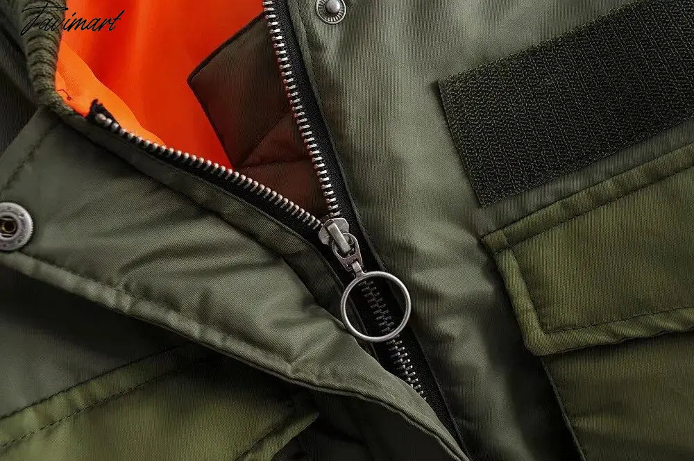 Fashion Women Basic Loose Padded Bomber Jacket Coat Vintage Leisure Long Sleeve Zipper Warm Female Outerwear Elegant Tops