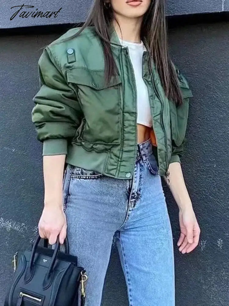 Fashion Women Basic Loose Padded Bomber Jacket Coat Vintage Leisure Long Sleeve Zipper Warm Female Outerwear Elegant Tops