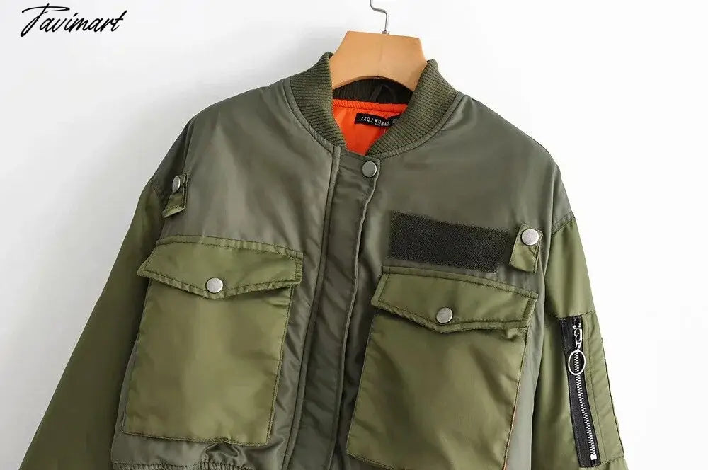 Fashion Women Basic Loose Padded Bomber Jacket Coat Vintage Leisure Long Sleeve Zipper Warm Female Outerwear Elegant Tops