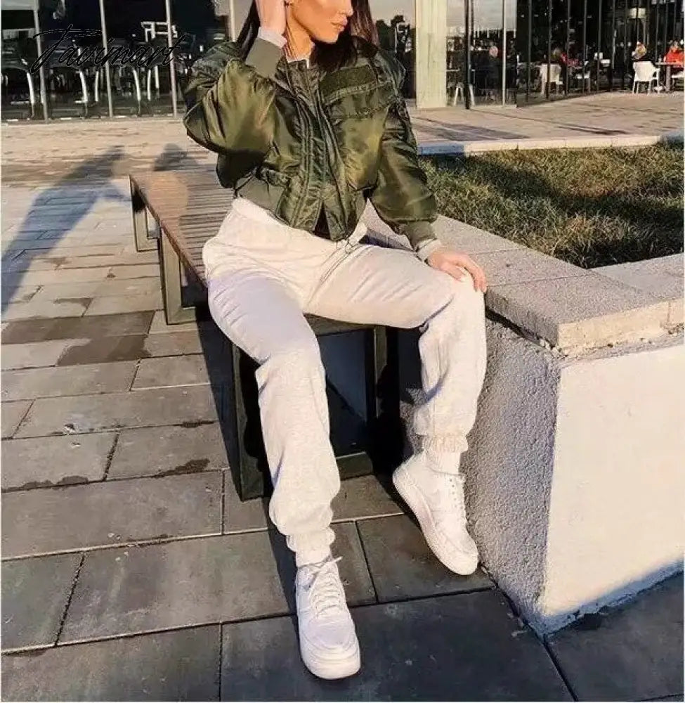 Fashion Women Basic Loose Padded Bomber Jacket Coat Vintage Leisure Long Sleeve Zipper Warm Female Outerwear Elegant Tops