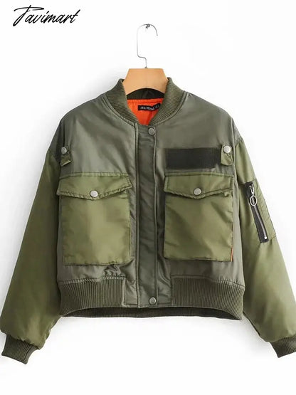 Fashion Women Basic Loose Padded Bomber Jacket Coat Vintage Leisure Long Sleeve Zipper Warm Female Outerwear Elegant Tops