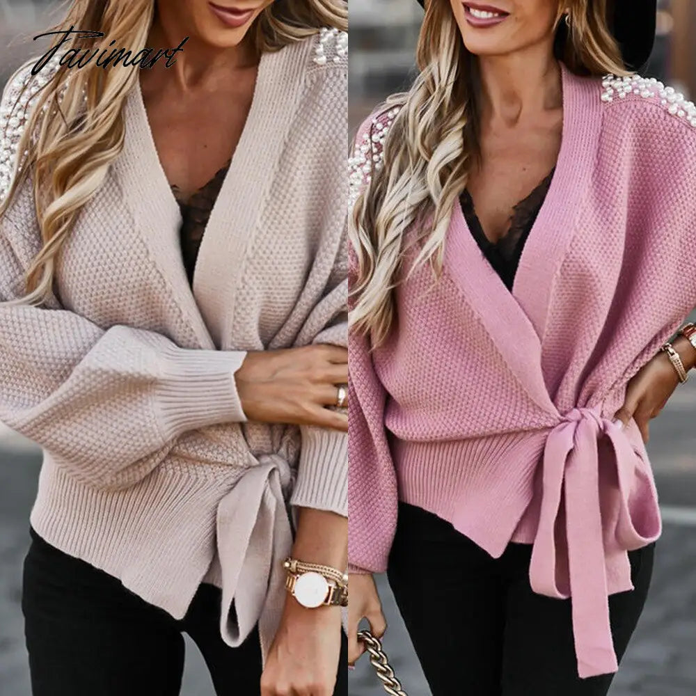 Fashion Women Sweater Long Sleeves V-neck Pearl Decor Solid Colors Waist Lace Up Knitted Ladies Sweaters Casual Pullover Tops