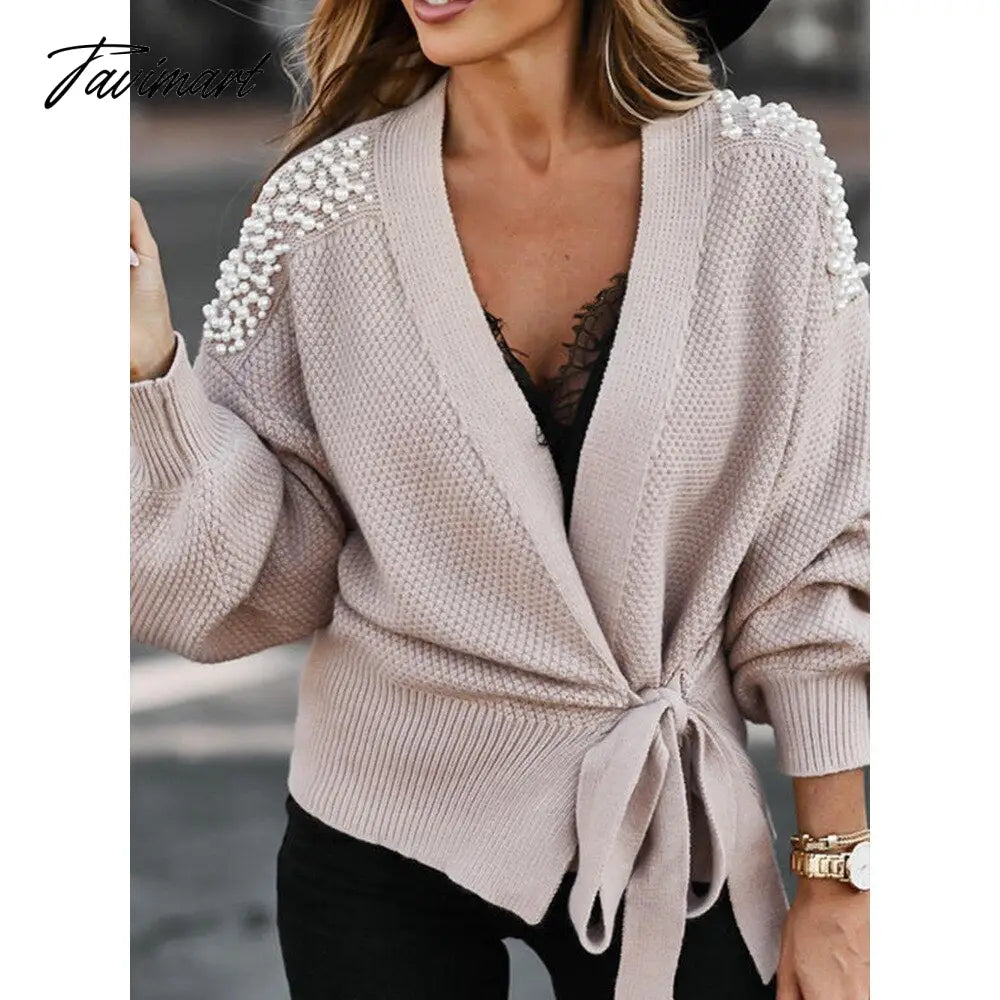 Fashion Women Sweater Long Sleeves V-neck Pearl Decor Solid Colors Waist Lace Up Knitted Ladies Sweaters Casual Pullover Tops