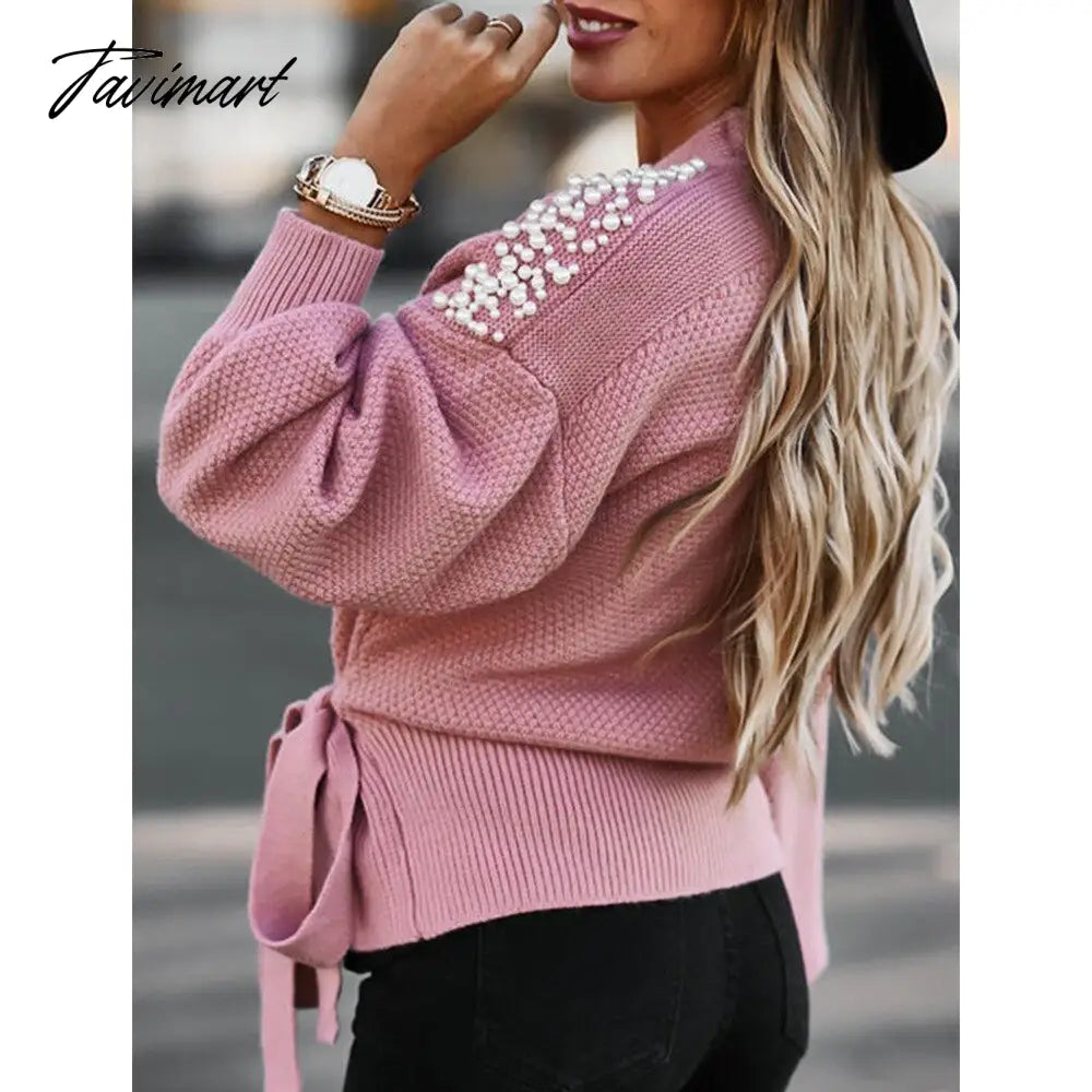 Fashion Women Sweater Long Sleeves V-neck Pearl Decor Solid Colors Waist Lace Up Knitted Ladies Sweaters Casual Pullover Tops