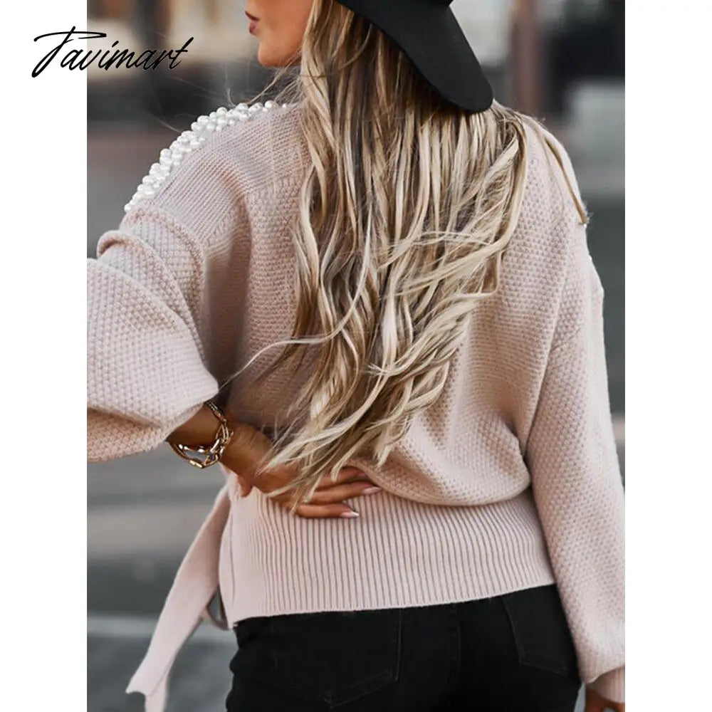 Fashion Women Sweater Long Sleeves V-neck Pearl Decor Solid Colors Waist Lace Up Knitted Ladies Sweaters Casual Pullover Tops