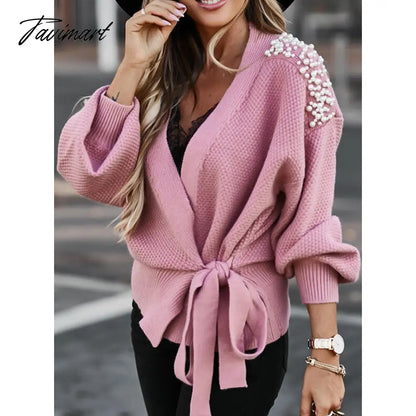 Fashion Women Sweater Long Sleeves V-neck Pearl Decor Solid Colors Waist Lace Up Knitted Ladies Sweaters Casual Pullover Tops