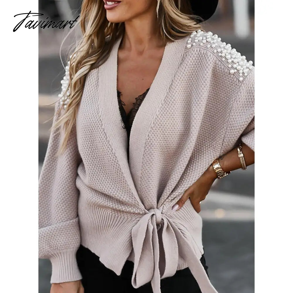 Fashion Women Sweater Long Sleeves V-neck Pearl Decor Solid Colors Waist Lace Up Knitted Ladies Sweaters Casual Pullover Tops