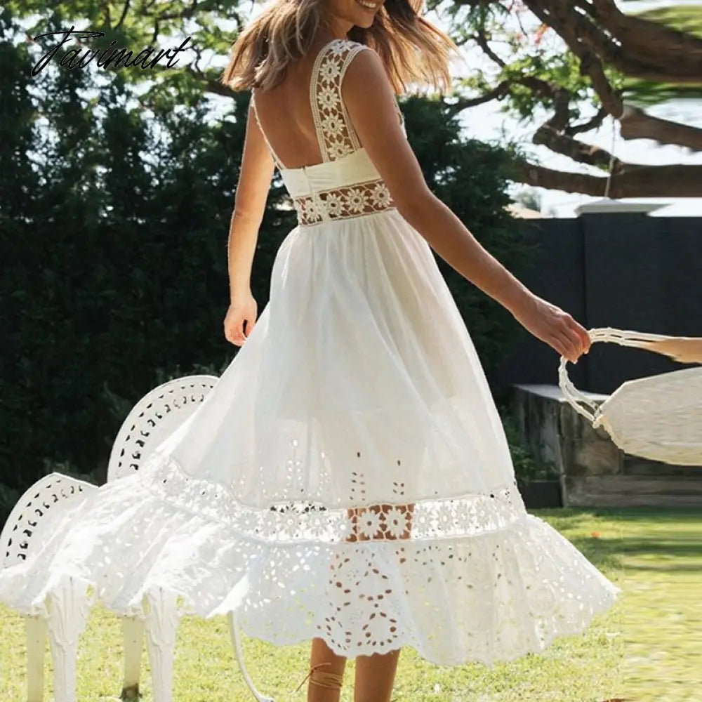 Fashion женское платье White Summer Dress Sexy Backless Lace Midi Dress Hollow Out Vintage Chic Party Dresses Vestidos
