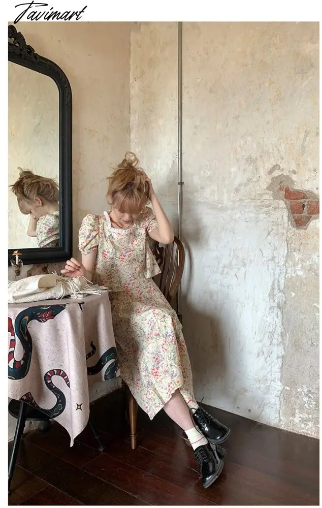 Floral Short-sleeved Shirts Woman Square Collar Summer Half Skirt Pleated A-line Skirts Sets Fashion Conjuntos Cortos