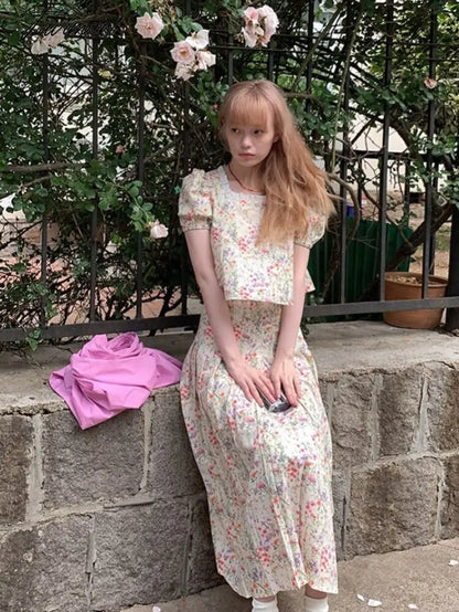 Floral Short-sleeved Shirts Woman Square Collar Summer Half Skirt Pleated A-line Skirts Sets Fashion Conjuntos Cortos