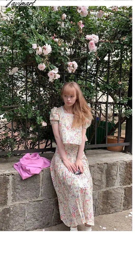 Floral Short-sleeved Shirts Woman Square Collar Summer Half Skirt Pleated A-line Skirts Sets Fashion Conjuntos Cortos