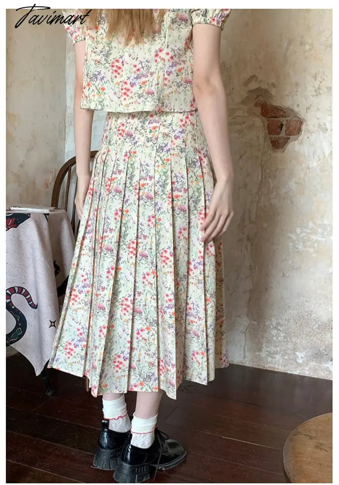 Floral Short-sleeved Shirts Woman Square Collar Summer Half Skirt Pleated A-line Skirts Sets Fashion Conjuntos Cortos