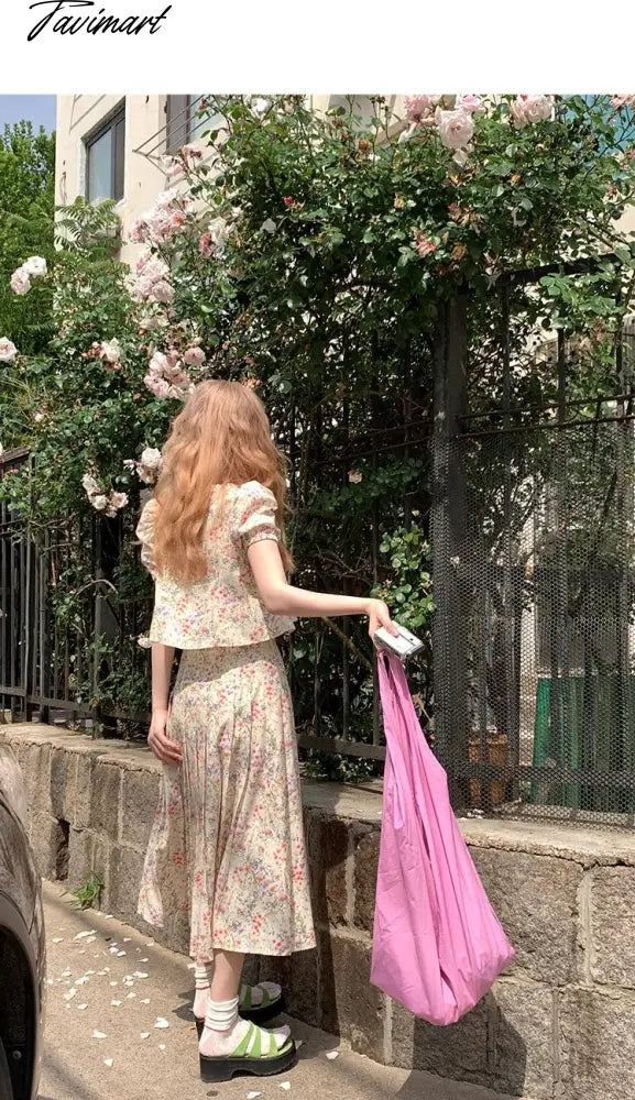 Floral Short-sleeved Shirts Woman Square Collar Summer Half Skirt Pleated A-line Skirts Sets Fashion Conjuntos Cortos