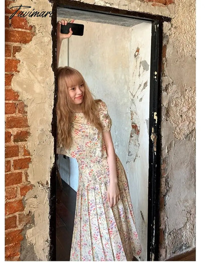 Floral Short-sleeved Shirts Woman Square Collar Summer Half Skirt Pleated A-line Skirts Sets Fashion Conjuntos Cortos