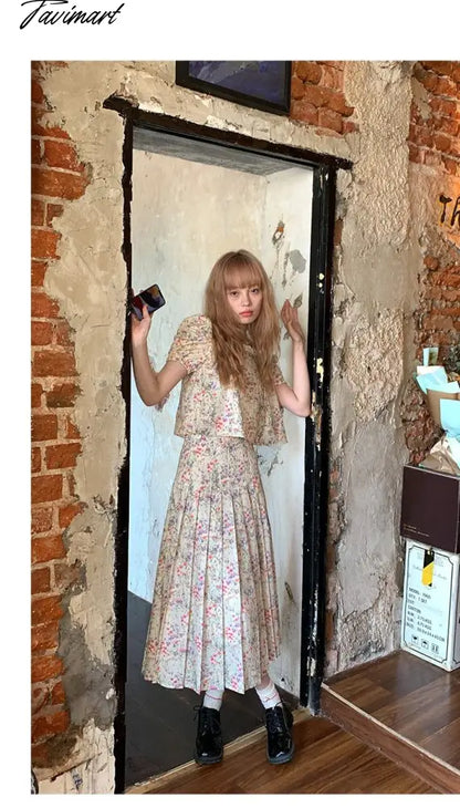 Floral Short-sleeved Shirts Woman Square Collar Summer Half Skirt Pleated A-line Skirts Sets Fashion Conjuntos Cortos