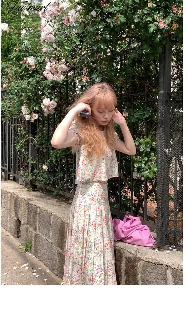 Floral Short-sleeved Shirts Woman Square Collar Summer Half Skirt Pleated A-line Skirts Sets Fashion Conjuntos Cortos