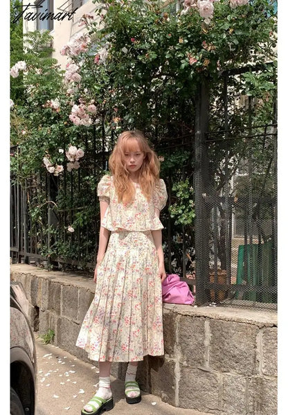 Floral Short-sleeved Shirts Woman Square Collar Summer Half Skirt Pleated A-line Skirts Sets Fashion Conjuntos Cortos