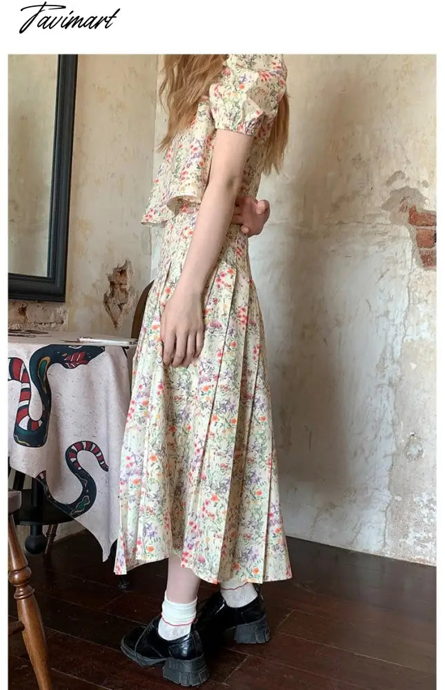 Floral Short-sleeved Shirts Woman Square Collar Summer Half Skirt Pleated A-line Skirts Sets Fashion Conjuntos Cortos