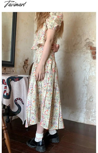 Floral Short-sleeved Shirts Woman Square Collar Summer Half Skirt Pleated A-line Skirts Sets Fashion Conjuntos Cortos