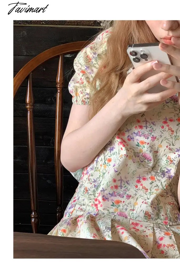 Floral Short-sleeved Shirts Woman Square Collar Summer Half Skirt Pleated A-line Skirts Sets Fashion Conjuntos Cortos