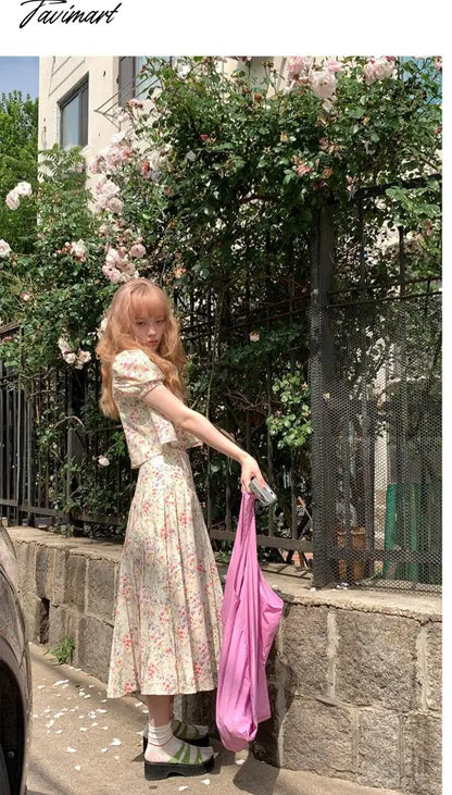Floral Short-sleeved Shirts Woman Square Collar Summer Half Skirt Pleated A-line Skirts Sets Fashion Conjuntos Cortos