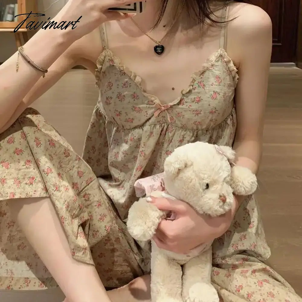 Floral Trouser Suits Pajamas Woman Summer Home Wear 2 Pieces Sleep Tops + Pants Long Sleeve Nightie Pijamas Nightgown