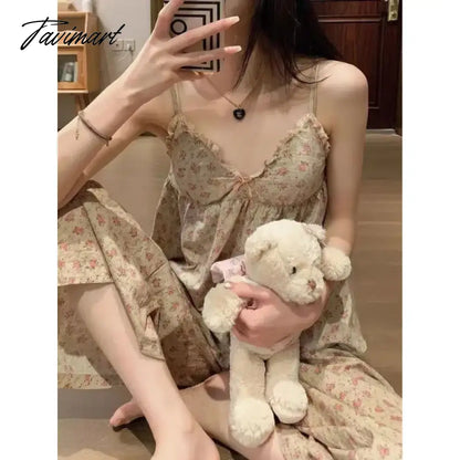 Floral Trouser Suits Pajamas Woman Summer Home Wear 2 Pieces Sleep Tops + Pants Long Sleeve Nightie Pijamas Nightgown