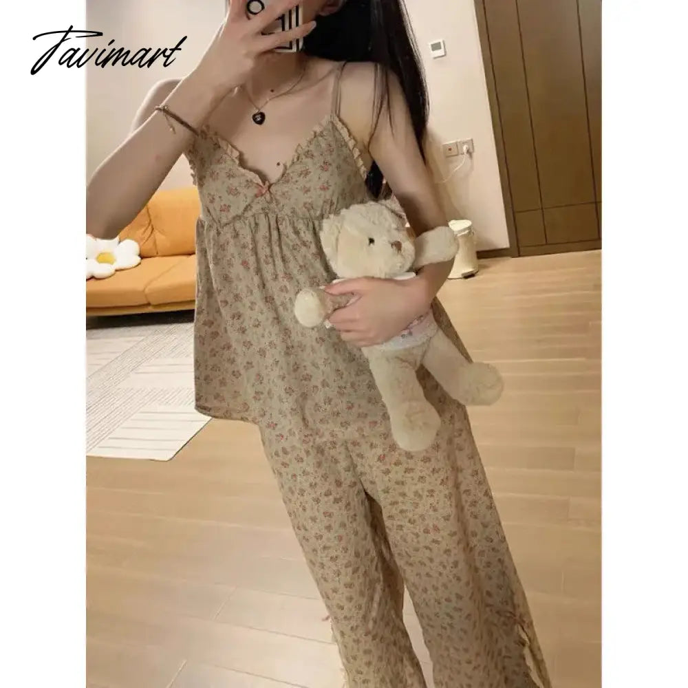 Floral Trouser Suits Pajamas Woman Summer Home Wear 2 Pieces Sleep Tops + Pants Long Sleeve Nightie Pijamas Nightgown