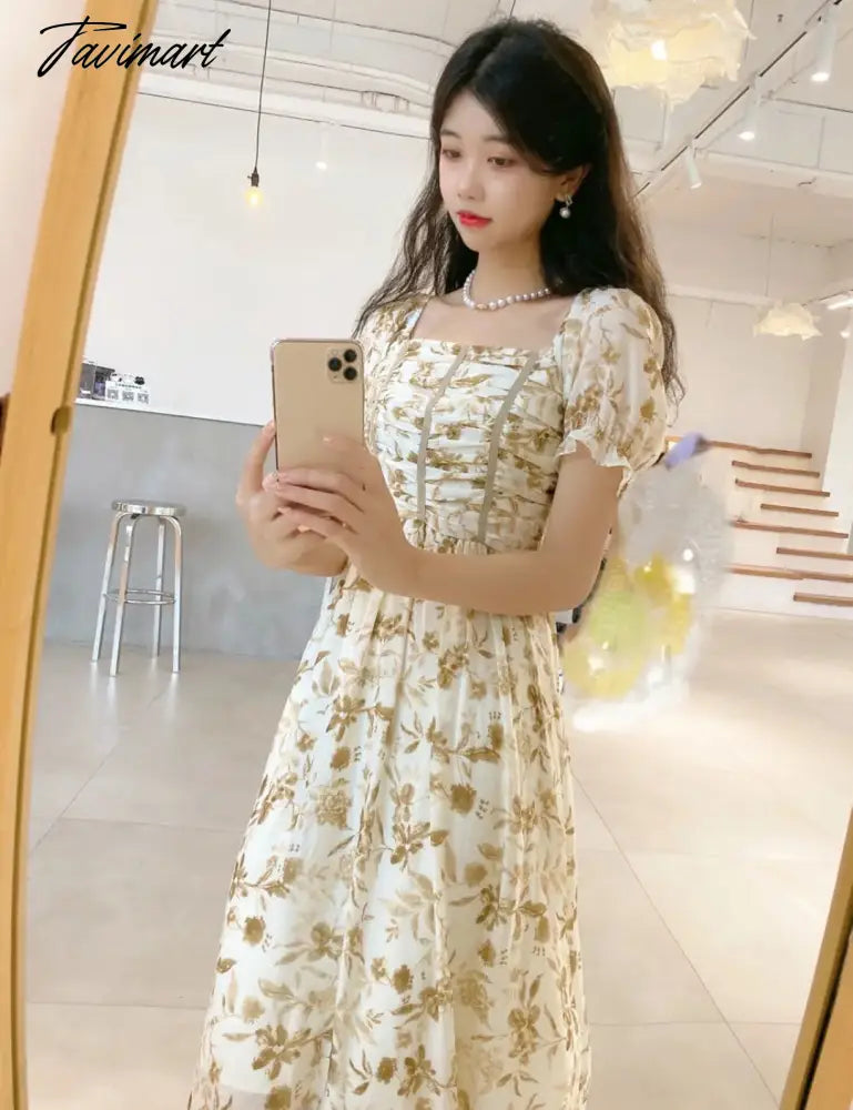 France Floral Print Dress Women Summer Elegant Party Midi Dress Casual Puff Sleeve Holiday Lady Dedigner Chic Korean Dress