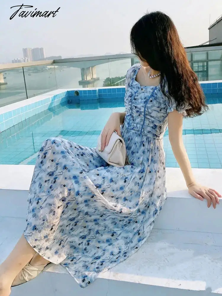 France Floral Print Dress Women Summer Elegant Party Midi Dress Casual Puff Sleeve Holiday Lady Dedigner Chic Korean Dress