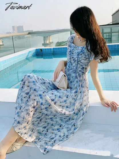 France Floral Print Dress Women Summer Elegant Party Midi Dress Casual Puff Sleeve Holiday Lady Dedigner Chic Korean Dress