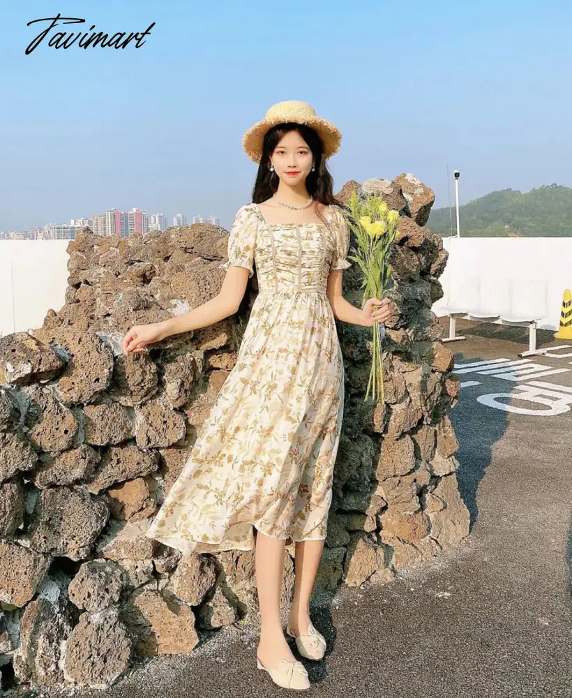 France Floral Print Dress Women Summer Elegant Party Midi Dress Casual Puff Sleeve Holiday Lady Dedigner Chic Korean Dress